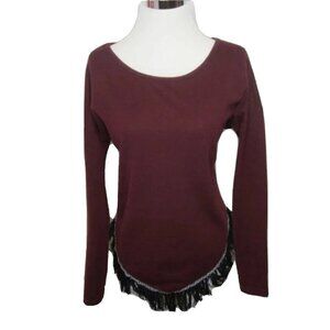 Double Zero Womens Pullover Sweater Size M  Maroon Wine V Shaped‎ Fringe Hemline